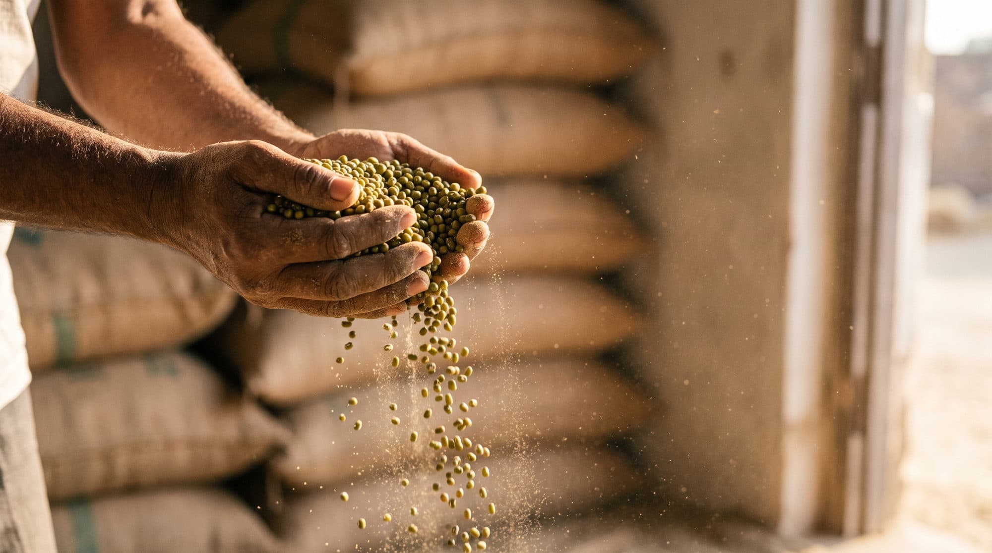 Freshly threshed moong falling through a farmer's hands